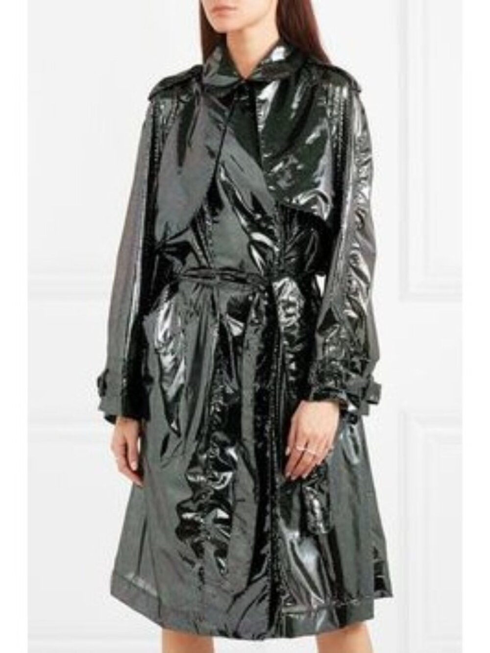 NWT $1576 Christopher Kane Collared Long Sleeve Glossy Belted Coat Black Sz 6